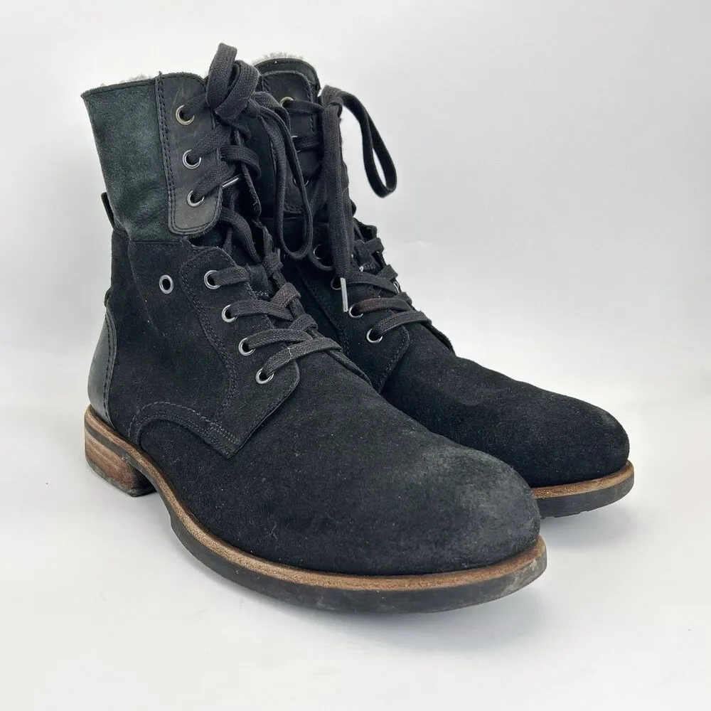 UGG Larus Combat Boots Mens Sz 11 Black Suede Leather Mid Fold-down Calf 1011936